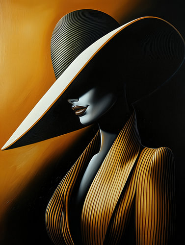 & e en terre cuite « Charcoal Minimalist » - Mode abstraite : portrait d'une femme portant un grand chapeau et un blazer rayé