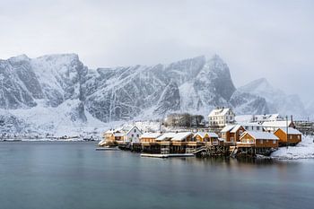 Orangefarbene Häuschen vor einer weißen Landschaft