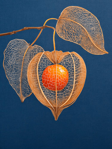 Botanische Illustration: Lampionblume (Physalis) auf blauem Leinen mit Struktur