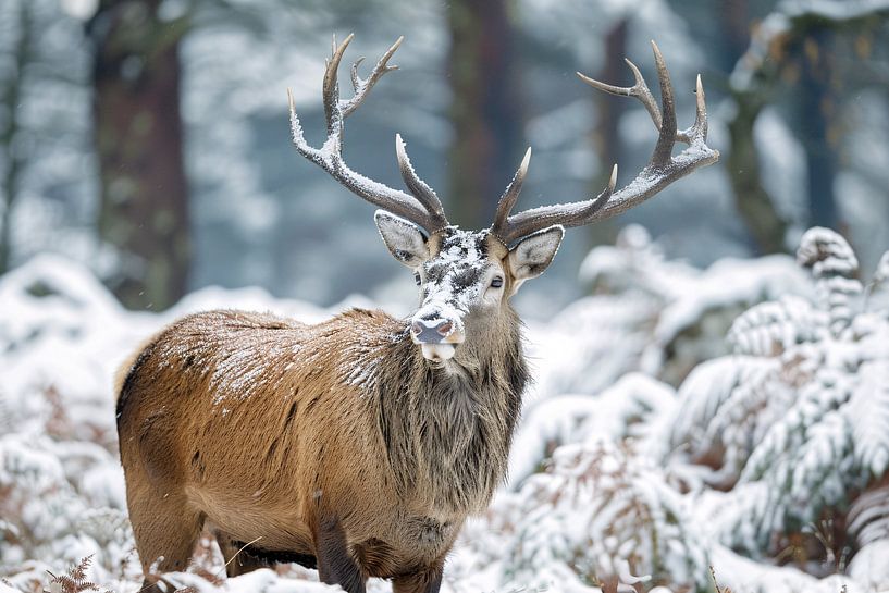 Stag with imposing antlers in winter landscape by Imperial Art House