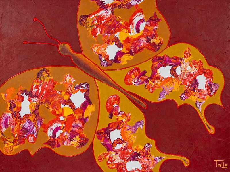 Yellow butterfly on red by Roelina Talla