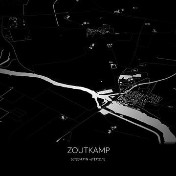 Zwart-witte landkaart van Zoutkamp, Groningen. van Rezona