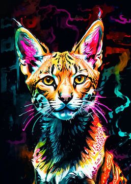 Serval Neon Waterverf Kunstwerk – Exotische Wilde Kat Wandposter