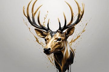 Gold Deer Head with Dynamic Splashes by De Muurdecoratie