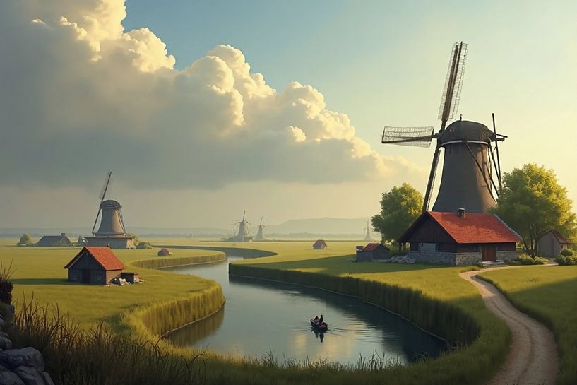 Dutch River Landscape with Mills and Rowing Boat by Kleurenrijk