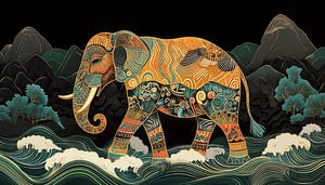 Elephant in vibrant colours panorama