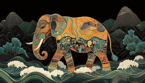 Elephant in vibrant colours panorama
