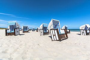weiß-braune Strandkörbe am Strand in Prerow