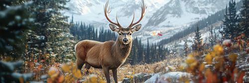 Hert in een winters landschap met besneeuwde bergtoppen