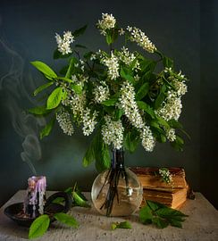 Still life with a bouquet of bird cherry by Mykhailo Sherman