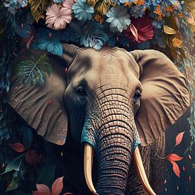 Portrait coloré d'un éléphant décoré de fleurs sur Stefan van der Wijst