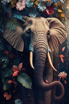 Buntes Porträt eines mit Blumen geschmückten Elefanten