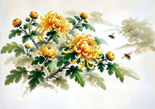 Gele chrysanten – Aziatische inktschilderij
