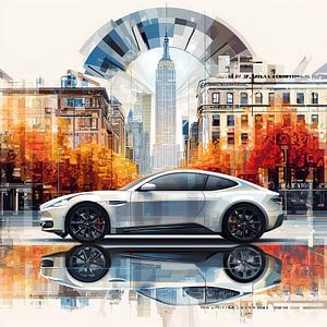 Ein modernes Auto auf einer Stadtstraße mit Bäumen eines Boulevards.