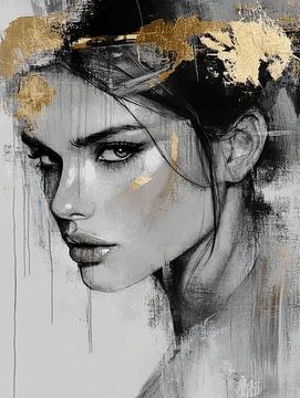 Modern en abstract portret in zwart en goud van Carla Van Iersel