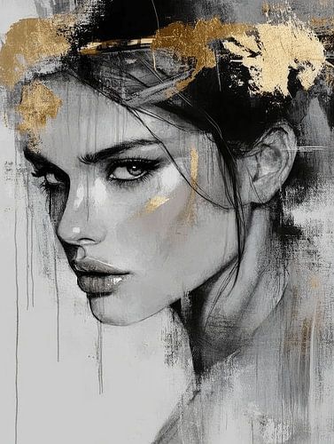 Modern en abstract portret in zwart en goud