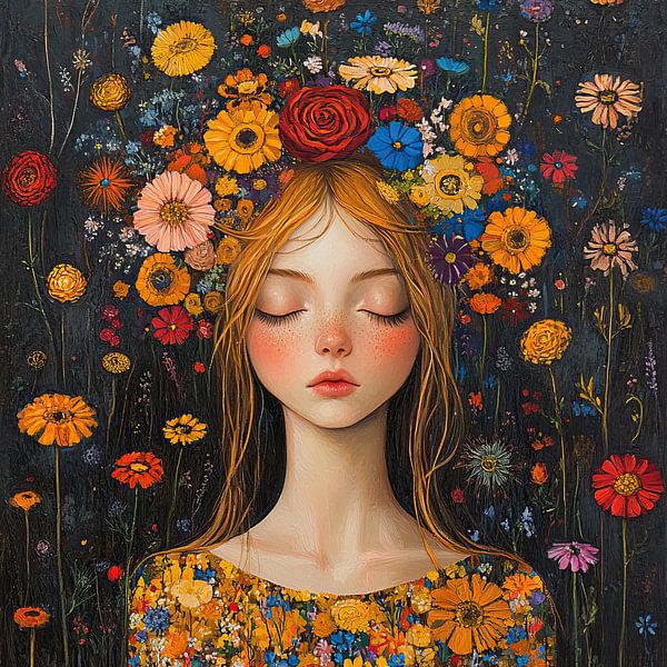 Blumengesicht | Frau mit Blumen von Blickfänger Gemälde