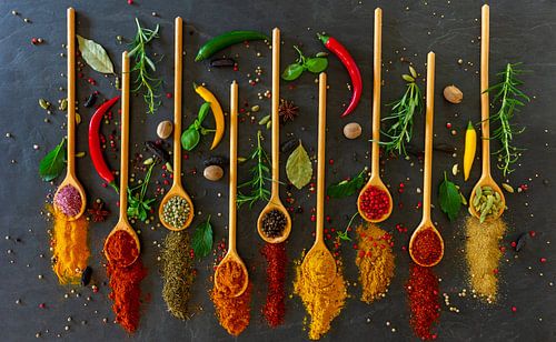 Kruiden en specerijen op houten lepels