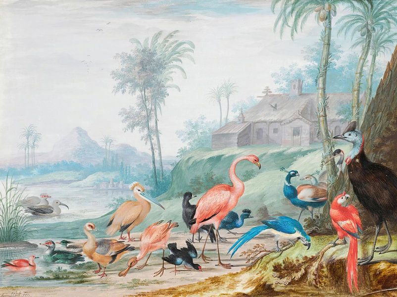 A Group Of Exotic Birds In A Landscape Beneath Palm Trees, Johannes Bronckhorst by Masterful Masters