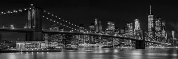 Night Skyline MANHATTAN Brooklyn Bridge Panoramic b/w