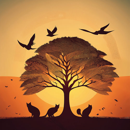 Illustration représentant des chats sous un arbre au coucher du soleil sur Patricia Hofmeester