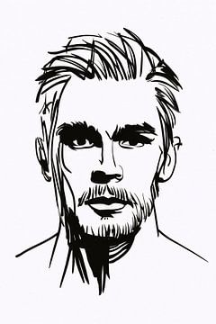 Portrait au trait en noir et blanc d'un homme barbu sur De Muurdecoratie