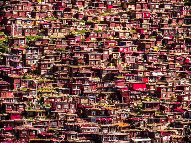 Houten huisjes van Larung Gar van Ferdi Merkx