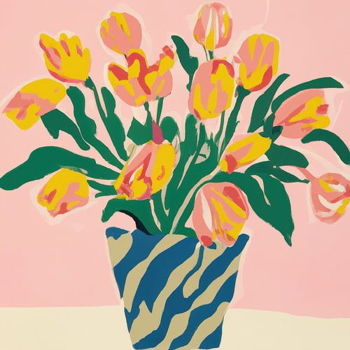 Peinture d'un vase avec des tulipes aux couleurs pastel