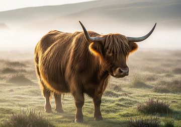Hooglandkoe in grasveld met mist en heuvels van Markus Gann
