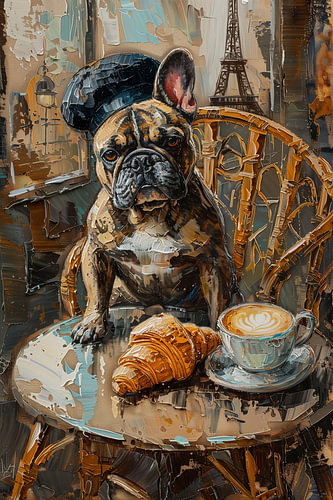 Franse buldog met een croissant in Parijs
