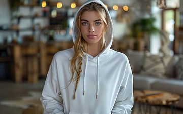 Vrouw met capuchon op kantoor van de-nue-pic