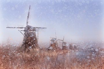 Kinderdijk | Plusieurs moulins à vent alignés | Peinture d'un paysage hollandais typique sur MadameRuiz