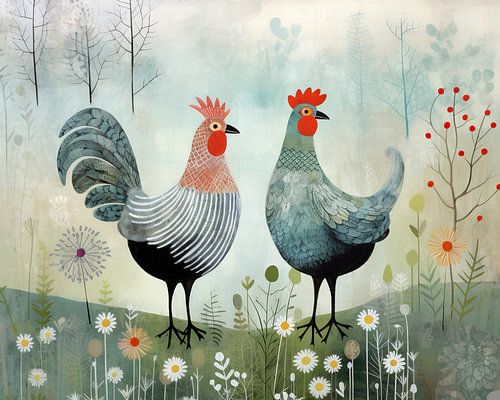 Rustic Chickens | Rustic Chicken Portrait by Wonderful Art