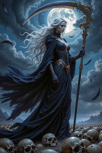 Dark Fantasy Gothic Wall Art:MORTHALIA – A Grim Reaper Woman Walks with Her Scythe Across the Field