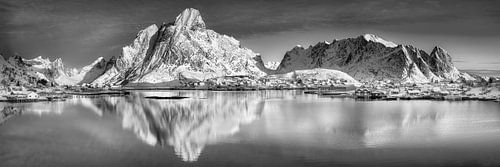 Fjordlandschap in Noorwegen met bergen in zwart-wit.