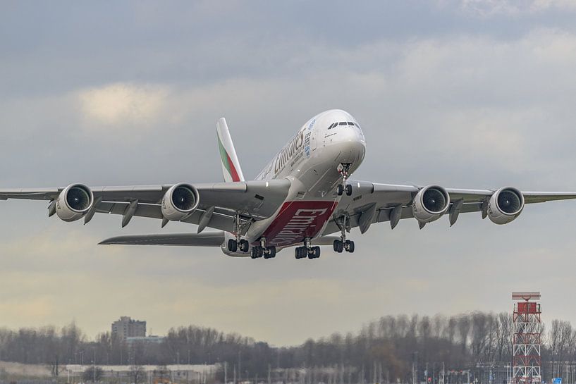 Take-off Emirates Airbus A380 from Schiphol Airport. by Jaap van den Berg