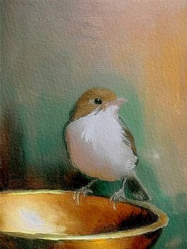 Vogel auf goldener Schale, Serie Vögel in Aquarell -1