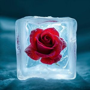 Eiswürfel mit eingefrorener roter Rose