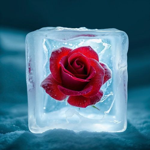Ijsblokjes met bevroren rode roos