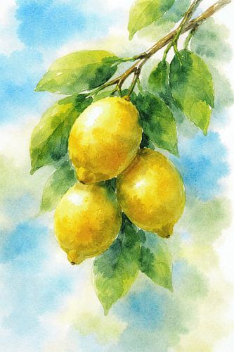 Citroenen aan een zonnige tak (AI) (fris, fruit, natuur, moestuin, zelfvoorzienend, zomer)