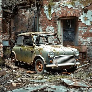 Lost Place Mini Cooper vert métallisé rouillé oublié arrière-cour