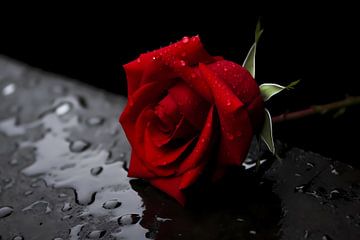 Rode roos met waterdruppels van De Muurdecoratie