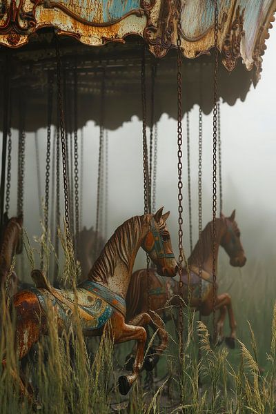 Karussellpferde im Nebel – Nostalgie von Poster Art Shop