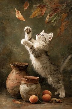 Herfststilleven met Kitten, Aardewerken Potten en Perziken van Joriali fotografie en schilderijen