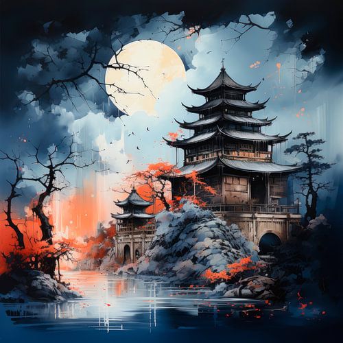 Japanse pagode in het maanlicht aan een rustig meer
