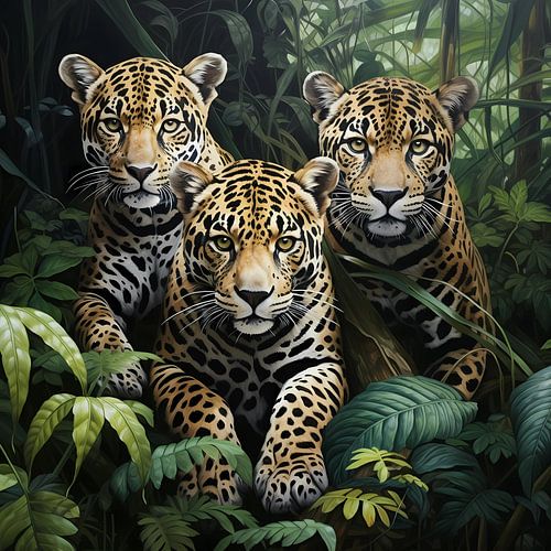Drie jaguars in de jungle