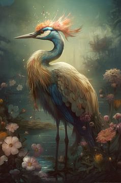 Majestic Heron in Flowery Marsh Landscape by Emil Husstege