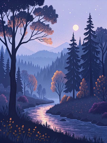 Sérénité au clair de lune : Le voyage d&#039;une rivière tranquille à travers la forêt enchantée sous un crépuscule étoilé par Artistic