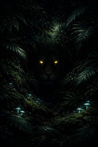 Art représentant un tigre mystérieux dans une jungle sombre - Toile représentant une forêt bioluminescente à l'ambiance envoûtante - Décoration murale dans le style « Dark Academia »