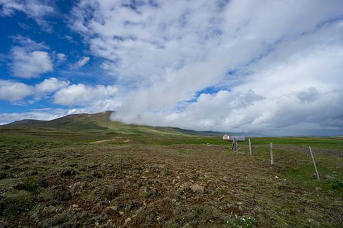 IJsland - Weids groen landschap met oud hek en oude schuur op groene weiden
